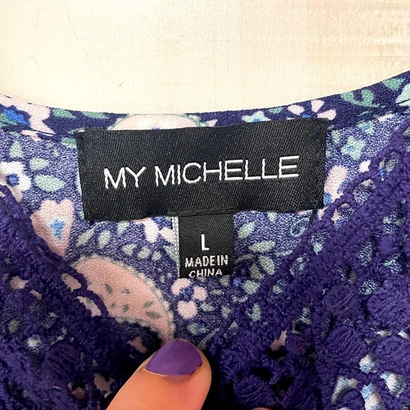 NWT My Michelle Navy Sage Pink Cold Shoulder Dress Sz L - Picture 3 of 6